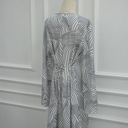 Printed Washed-Crinkle Bell Sleeve Maxi Dress(MS474)