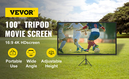 SucceBuy 100 Inch Tripod Projector Screen with Stand 16:9 4K HD Portable Projection Home Cinema for Indoor & Outdoor Projection