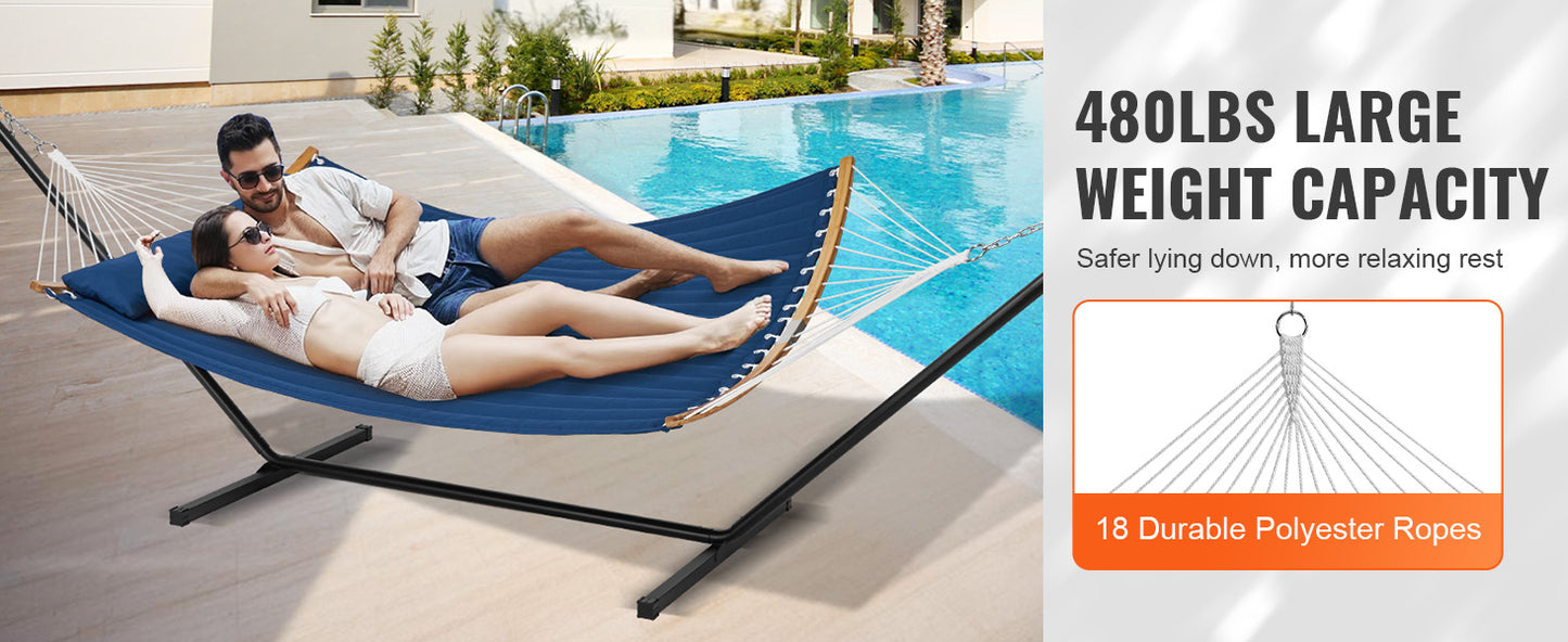 SucceBuy Two Person Hammock with Stand Included Double Hammock with Curved Spreader Bar and Detachable Pillow and Portable Bag