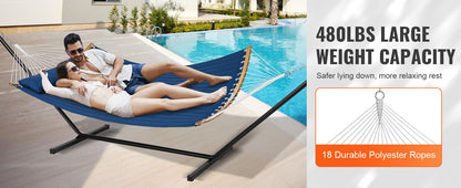 SucceBuy Two Person Hammock with Stand Included Double Hammock with Curved Spreader Bar and Detachable Pillow and Portable Bag
