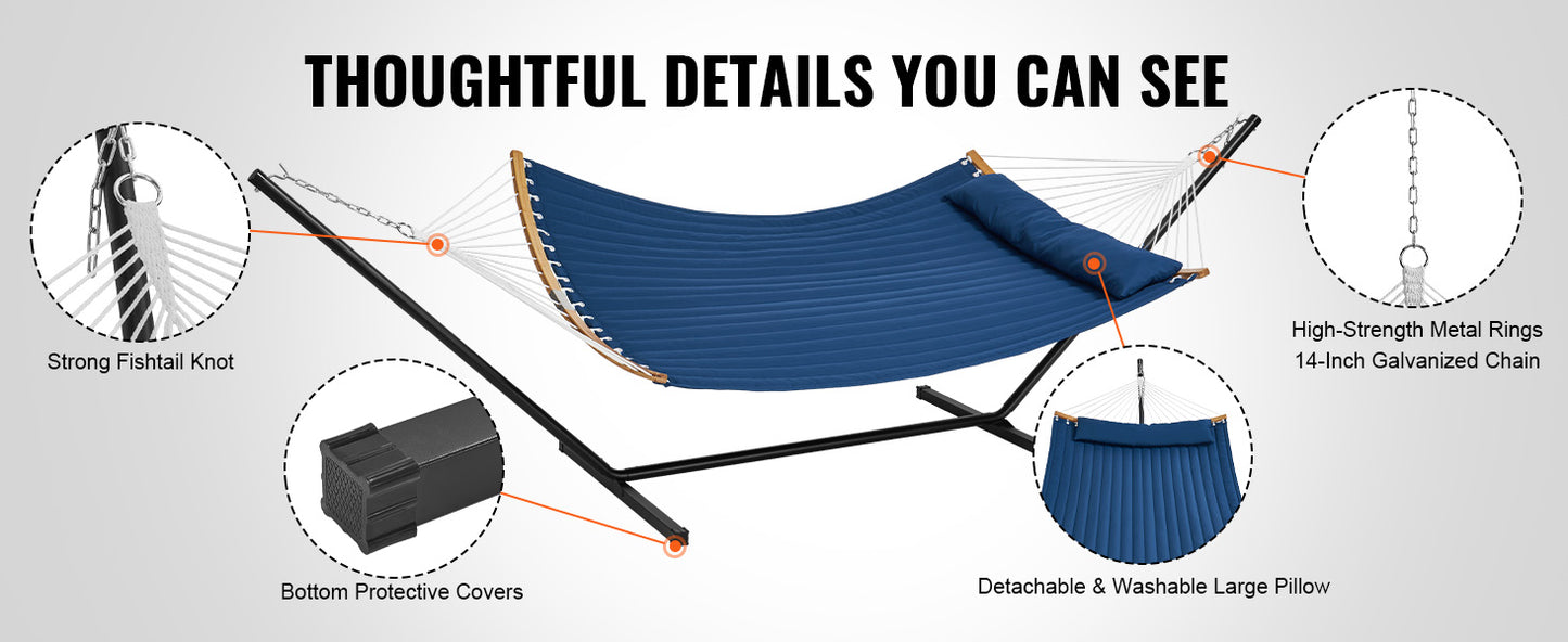 SucceBuy Two Person Hammock with Stand Included Double Hammock with Curved Spreader Bar and Detachable Pillow and Portable Bag