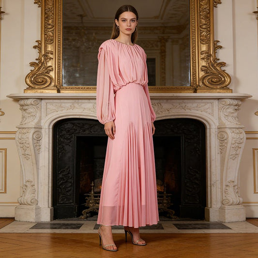 Round Neck Ruched Bodice Lantern Sleeve Floor-Length Dress(MS402)