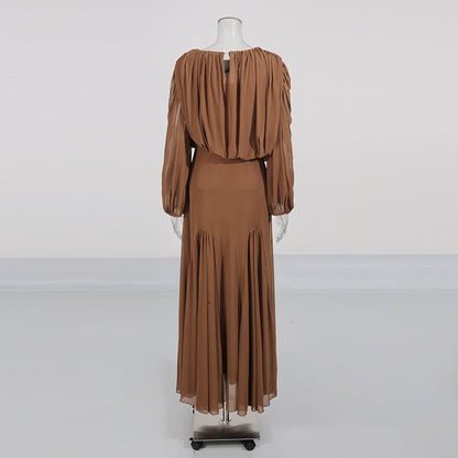 Round Neck Ruched Bodice Lantern Sleeve Floor-Length Dress(MS402)