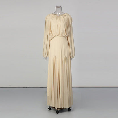 Round Neck Ruched Bodice Lantern Sleeve Floor-Length Dress(MS402)