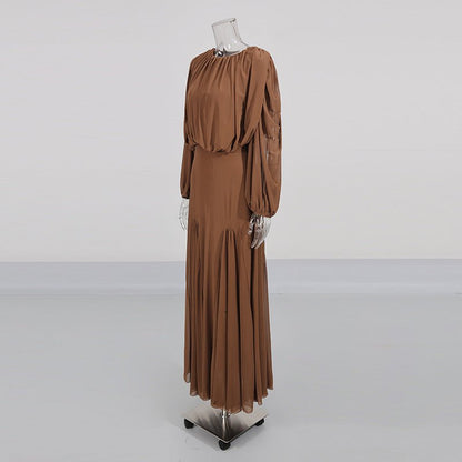 Round Neck Ruched Bodice Lantern Sleeve Floor-Length Dress(MS402)