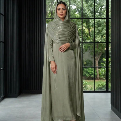 Shimmer Island Silk Cape Sleeve Abaya Dress with Matching Hijab(MA429)
