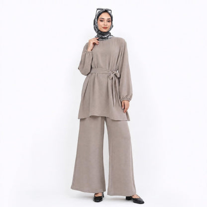 Textured Longline Top & Wide-Leg Trouser Set(MS455)
