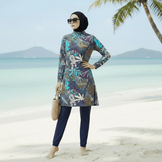 Tropical Print Modest Burkini Swimsuit Set(MB022)