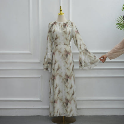 Watercolour Print Double-Layer Flared-Sleeve Maxi Dress(MS479)
