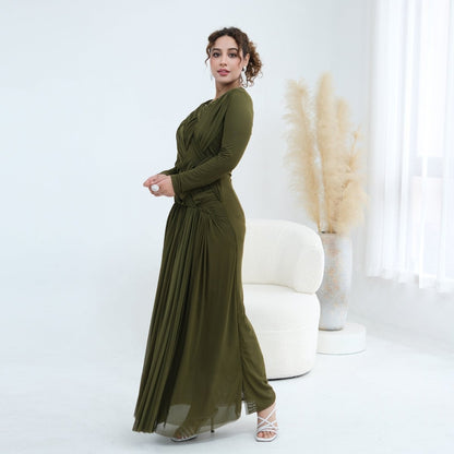 Woven Cross-Strap Bodice Mesh Maxi Dress(MS454)